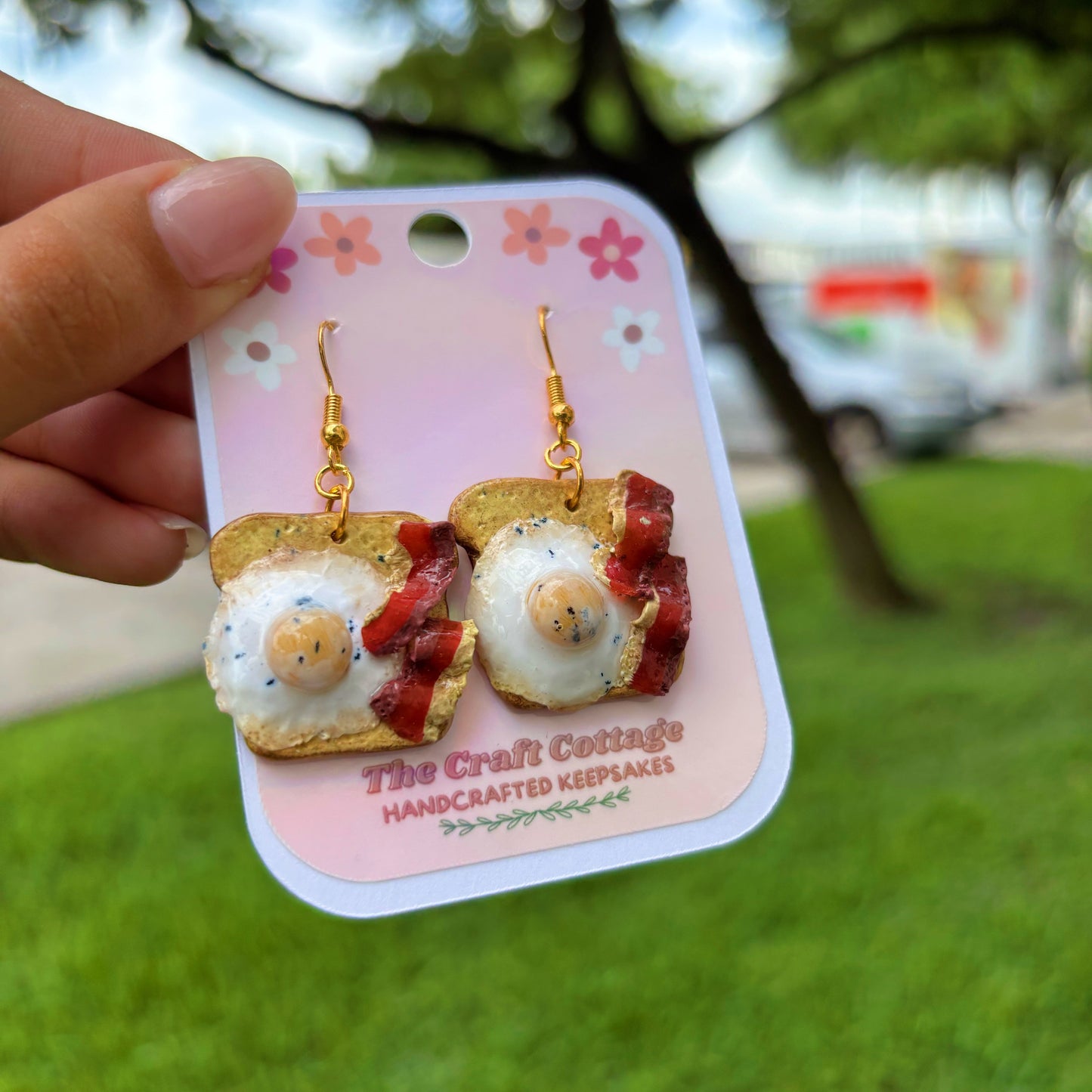 Handmade Polymer Clay Lightweight Dangle Earrings: Bacon & Egg On Toast Earrings