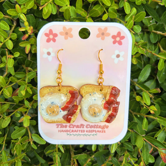 Handmade Polymer Clay Lightweight Dangle Earrings: Bacon & Egg On Toast Earrings
