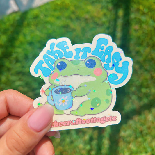 HOLOGRAPHIC OR REGULAR, Waterproof Vinyl Sticker "Take it Easy Frog"