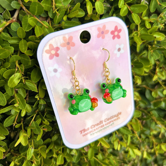 Handmade Polymer Clay Lightweight Dangle Earrings: Frogs Holding Mushrooms