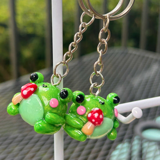 Handmade Polymer Clay Frog Holding Mushroom Charm: Customizable