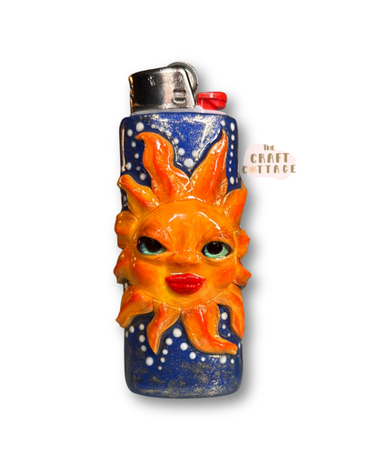 Handmade Sun Face Lighter Case with Golden Detail on Dark Blue