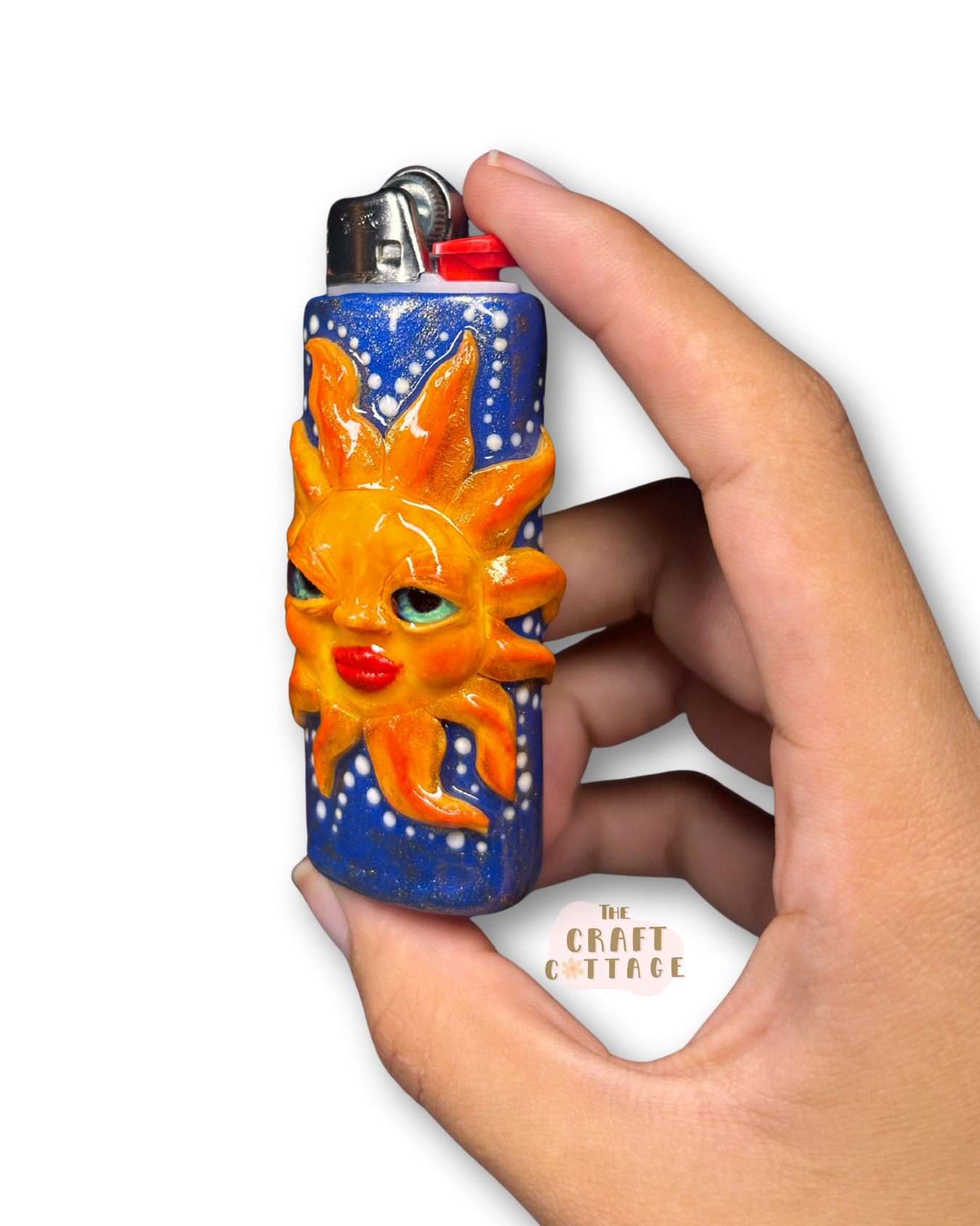 Handmade Sun Face Lighter Case with Golden Detail on Dark Blue