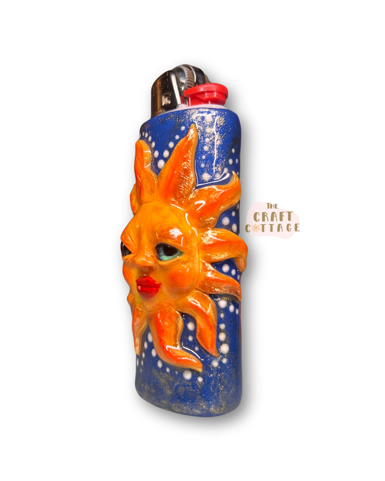 Handmade Sun Face Lighter Case with Golden Detail on Dark Blue