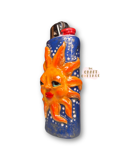Handmade Sun Face Lighter Case with Golden Detail on Dark Blue