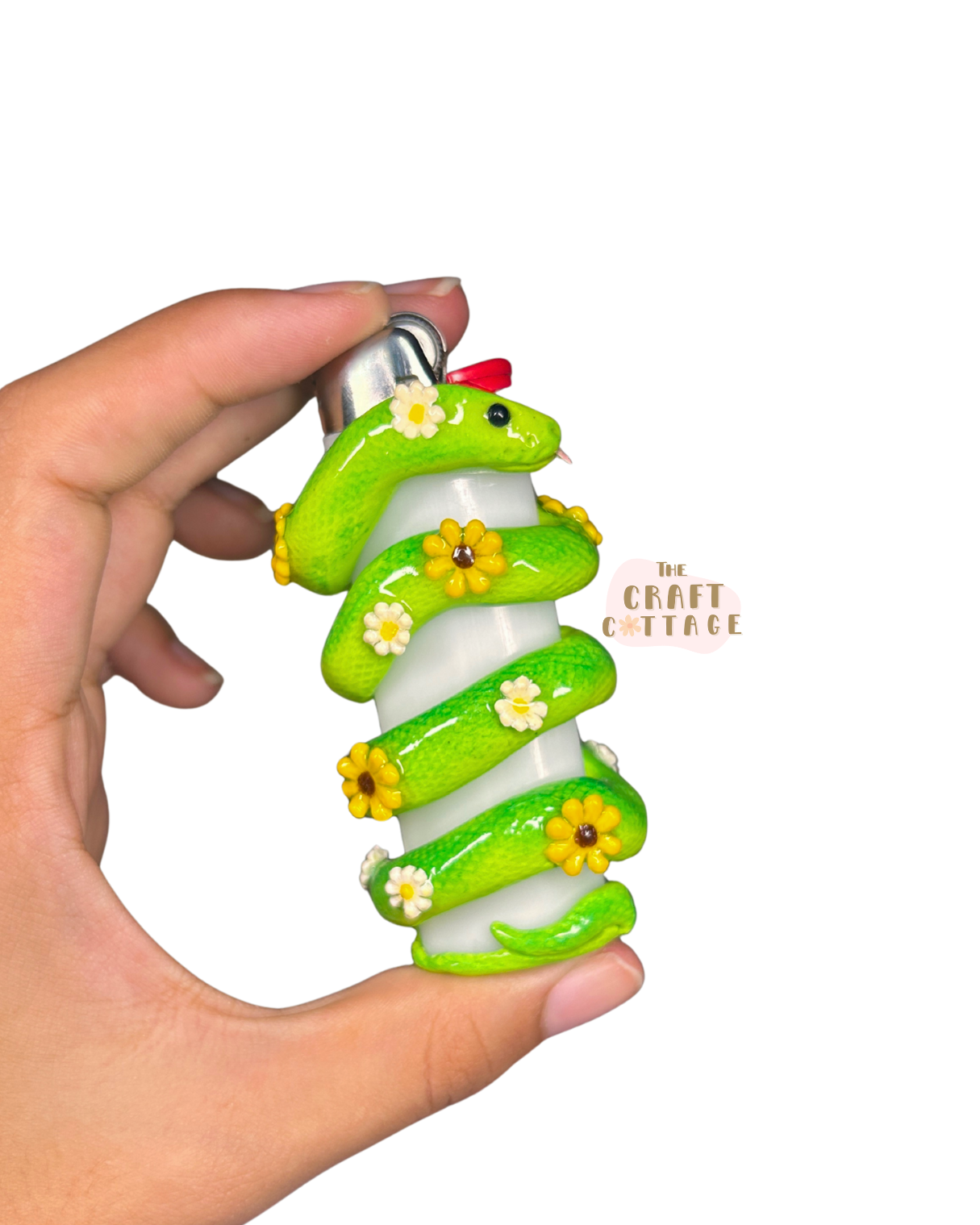 Handmade Green Flower Snake Wrapping Lighter Case