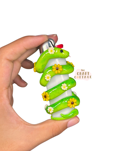 Handmade Green Flower Snake Wrapping Lighter Case