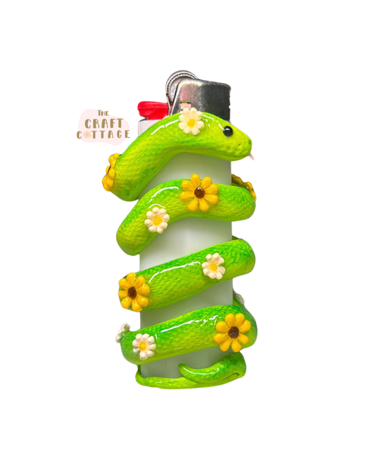 Handmade Green Flower Snake Wrapping Lighter Case