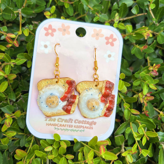Handmade Polymer Clay Lightweight Dangle Earrings: Bacon & Egg On Toast Earrings