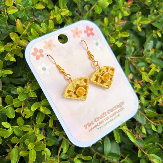 Handmade Polymer Clay Lightweight Dangle Earrings: Butter Syrup Waffle Earrings