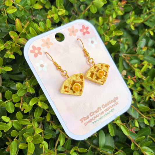 Handmade Polymer Clay Lightweight Dangle Earrings: Butter Syrup Waffle Earrings