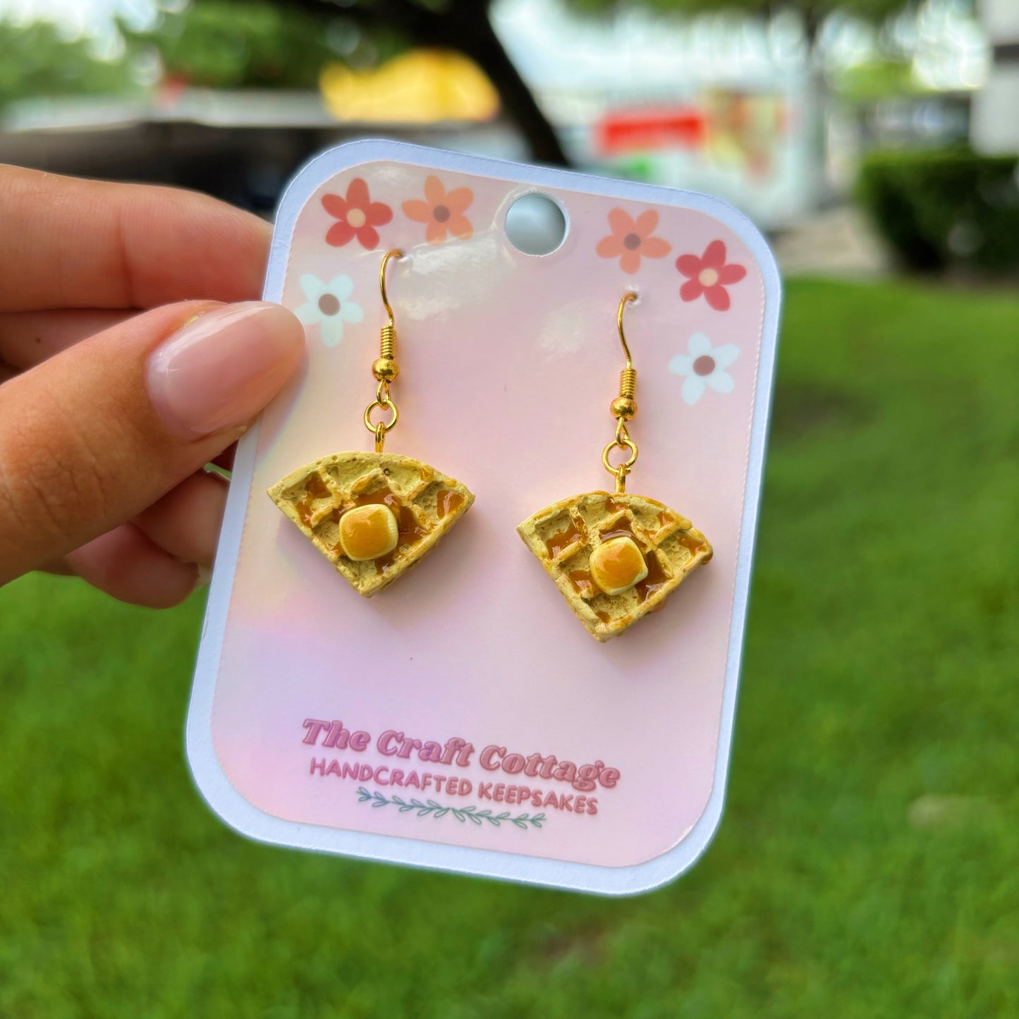 Handmade Polymer Clay Lightweight Dangle Earrings: Butter Syrup Waffle Earrings