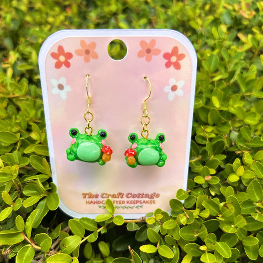 Handmade Polymer Clay Lightweight Dangle Earrings: Frogs Holding Mushrooms