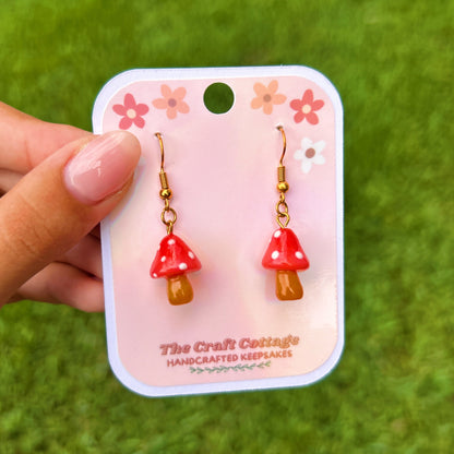 Handmade Polymer Clay Lightweight Dangle Earrings: Little Red Mushrooms