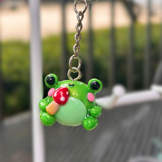 Handmade Polymer Clay Frog Holding Mushroom Charm: Customizable