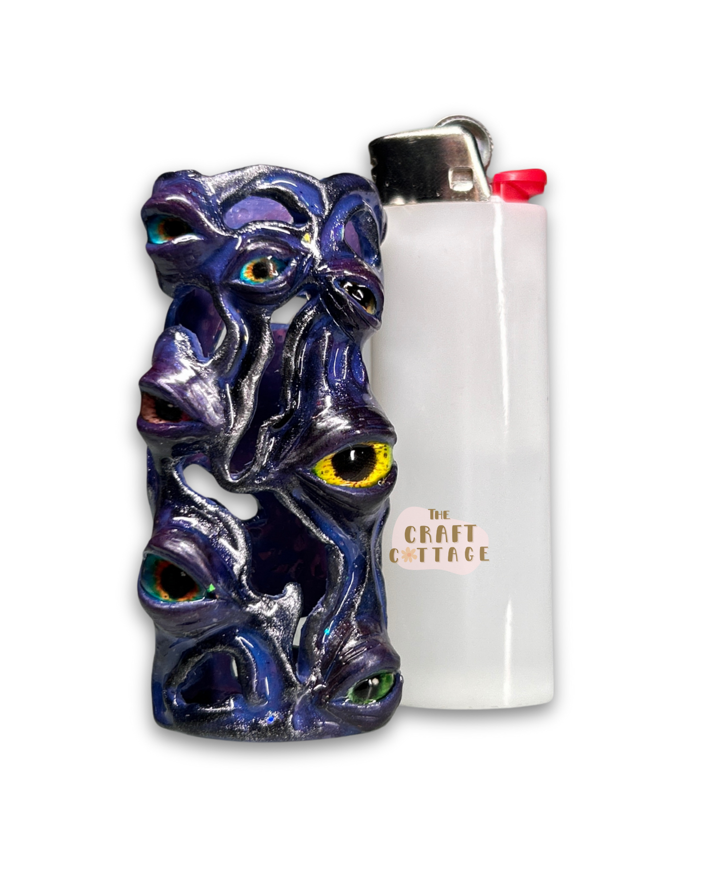 Handmade Negative Space Deep Purple Eyeball Lighter Case with Pearlescent Detail